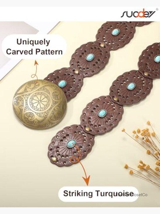 Wide Western Disc Belt with Turquoise - Boho Cowgirl Faux Leather Belt for main image 6